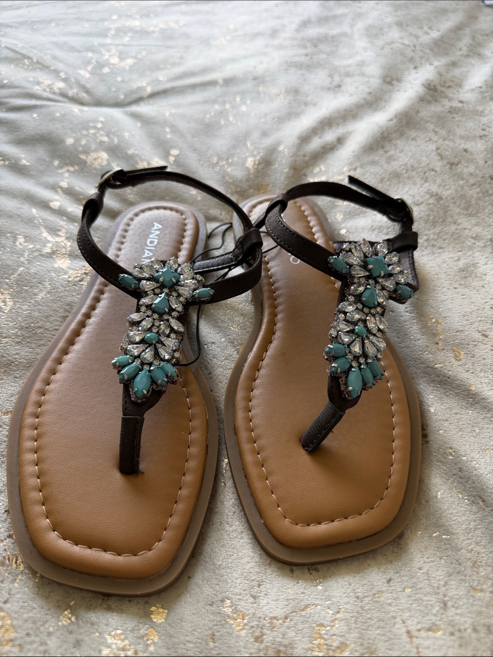 Women's Black Jeweled T-Strap Sandals with Teal Accents